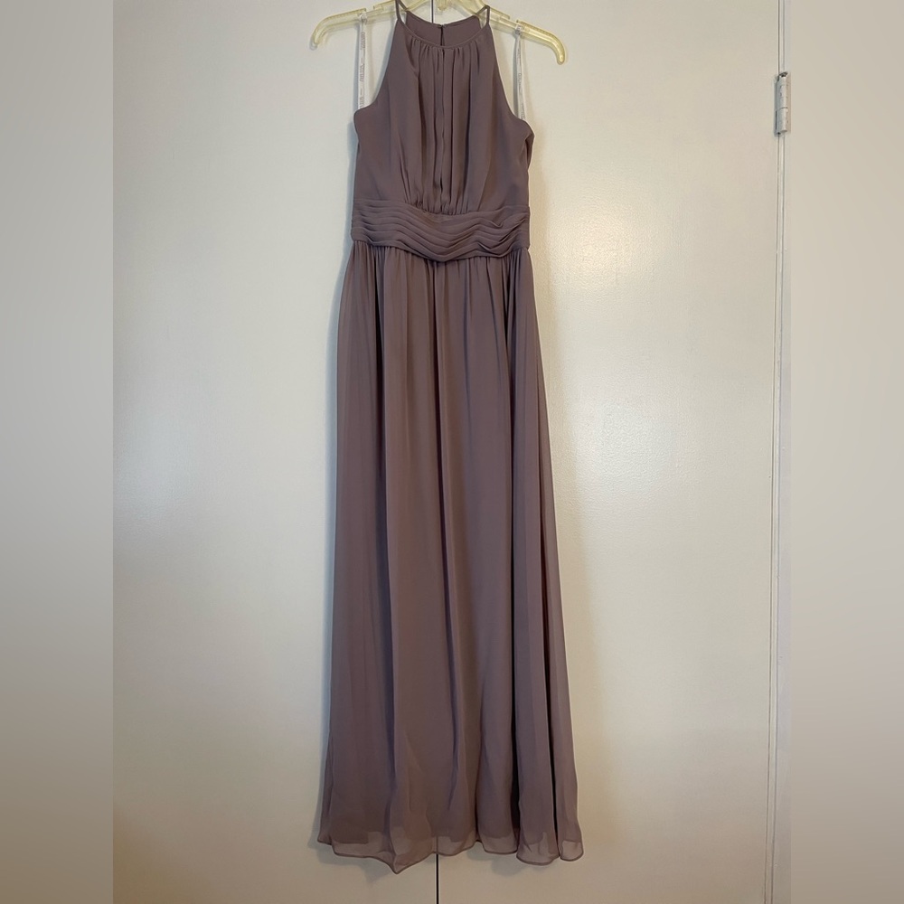 David's Bridal “Mushroom” color Maxi Dress